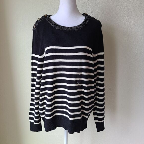 Charter Club Striped Cable-Knit‎ Sweater Size Large NEW NWT Black/ Cream - Picture 6 of 11